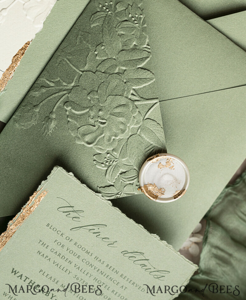 Sage green wedding. Personalized Embossed Sage Green Wedding Invitation with Gold Accent, Cotton Paper Wedding Invitation Package, Wedding Invitations with Torn Gold Edge-15
