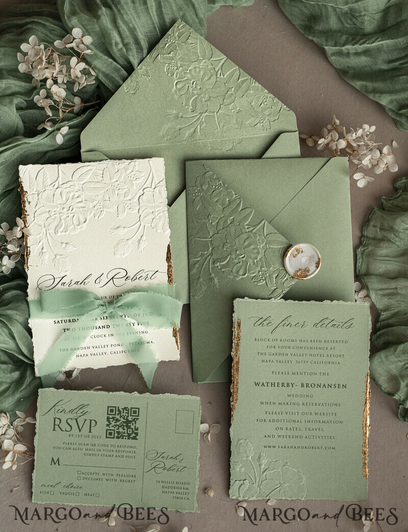 Sage green wedding. Personalized Embossed Sage Green Wedding Invitation with Gold Accent, Cotton Paper Wedding Invitation Package, Wedding Invitations with Torn Gold Edge-16