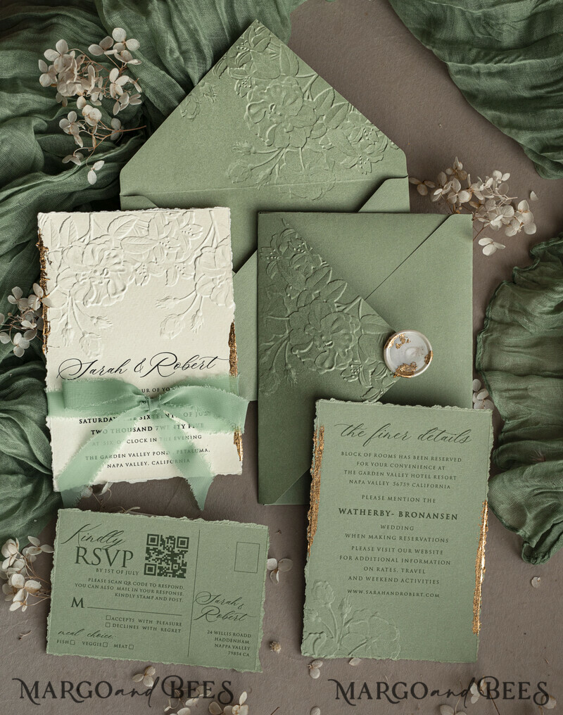 Sage green wedding. Personalized Embossed Sage Green Wedding Invitation with Gold Accent, Cotton Paper Wedding Invitation Package, Wedding Invitations with Torn Gold Edge-17