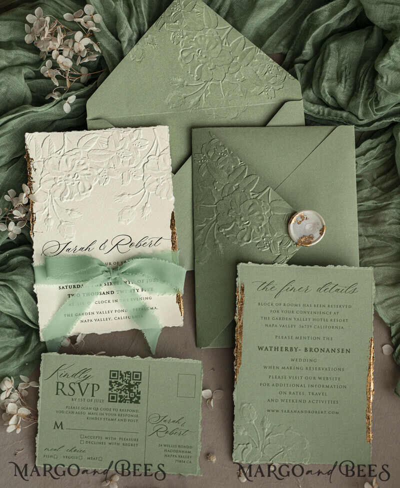 Sage green wedding. Personalized Embossed Sage Green Wedding Invitation with Gold Accent, Cotton Paper Wedding Invitation Package, Wedding Invitations with Torn Gold Edge-18