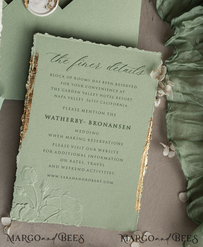 Sage green wedding. Personalized Embossed Sage Green Wedding Invitation with Gold Accent, Cotton Paper Wedding Invitation Package, Wedding Invitations with Torn Gold Edge-19
