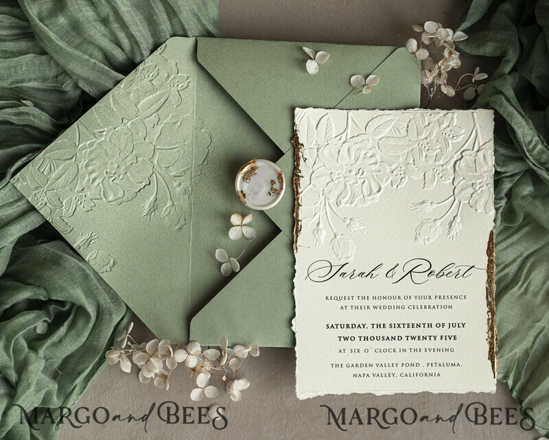 Sage green wedding. Personalized Embossed Sage Green Wedding Invitation with Gold Accent, Cotton Paper Wedding Invitation Package, Wedding Invitations with Torn Gold Edge-3