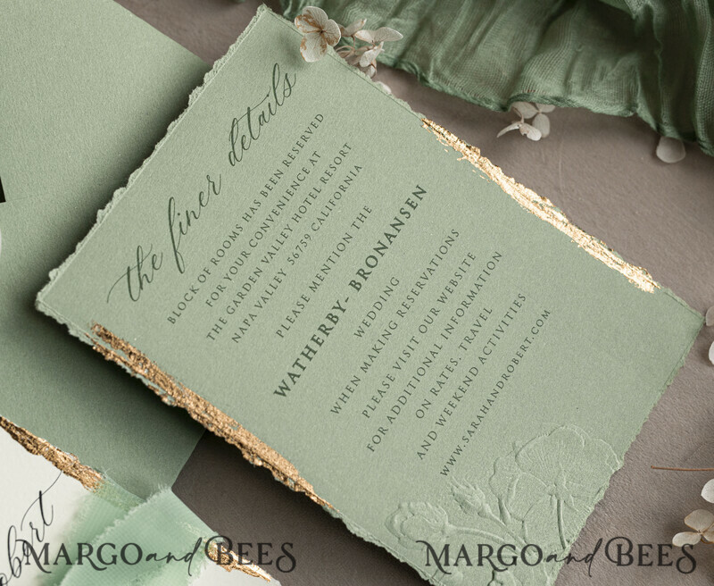 Sage green wedding. Personalized Embossed Sage Green Wedding Invitation with Gold Accent, Cotton Paper Wedding Invitation Package, Wedding Invitations with Torn Gold Edge-20