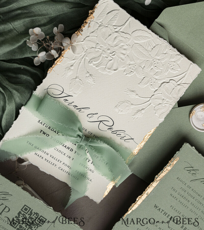 Sage green wedding. Personalized Embossed Sage Green Wedding Invitation with Gold Accent, Cotton Paper Wedding Invitation Package, Wedding Invitations with Torn Gold Edge-21