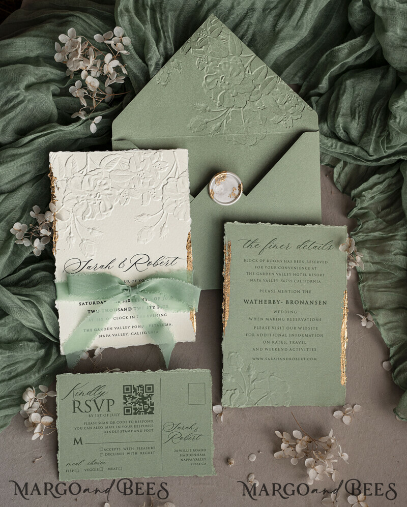 Sage green wedding. Personalized Embossed Sage Green Wedding Invitation with Gold Accent, Cotton Paper Wedding Invitation Package, Wedding Invitations with Torn Gold Edge-22