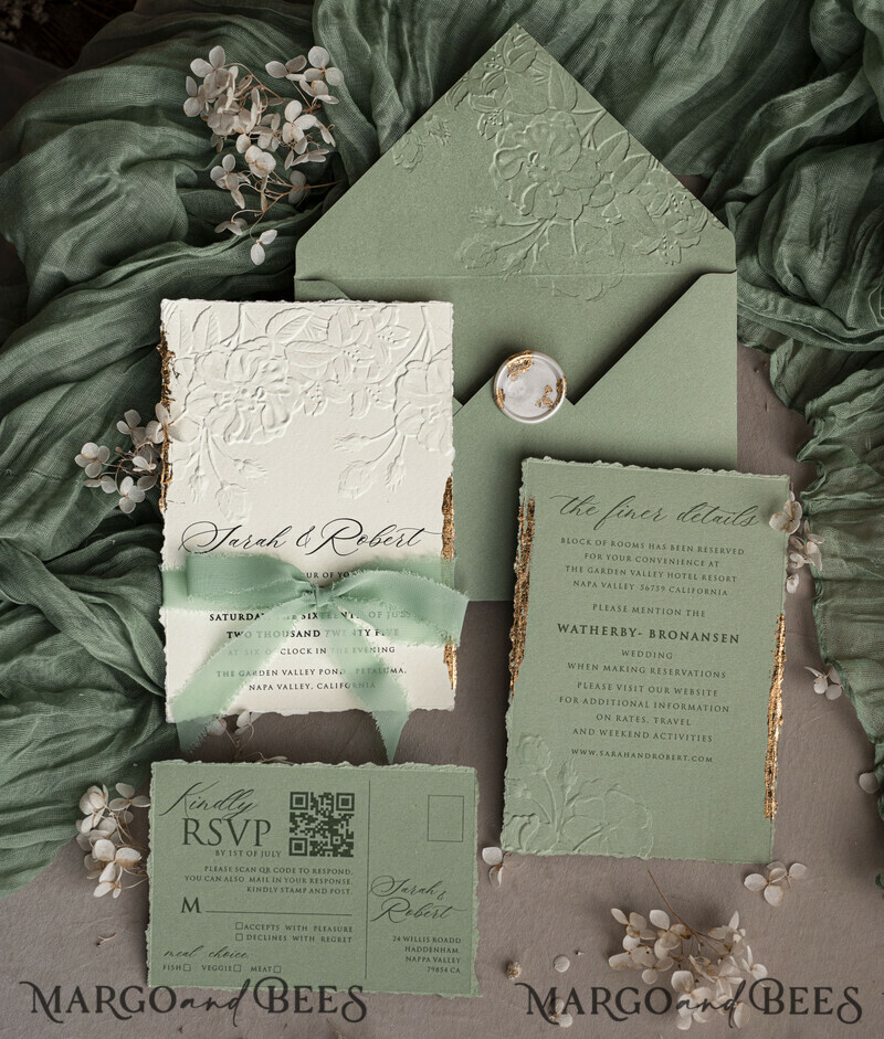 Sage green wedding. Personalized Embossed Sage Green Wedding Invitation with Gold Accent, Cotton Paper Wedding Invitation Package, Wedding Invitations with Torn Gold Edge-23