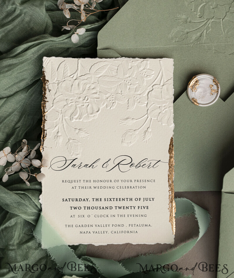 Sage green wedding. Personalized Embossed Sage Green Wedding Invitation with Gold Accent, Cotton Paper Wedding Invitation Package, Wedding Invitations with Torn Gold Edge-24