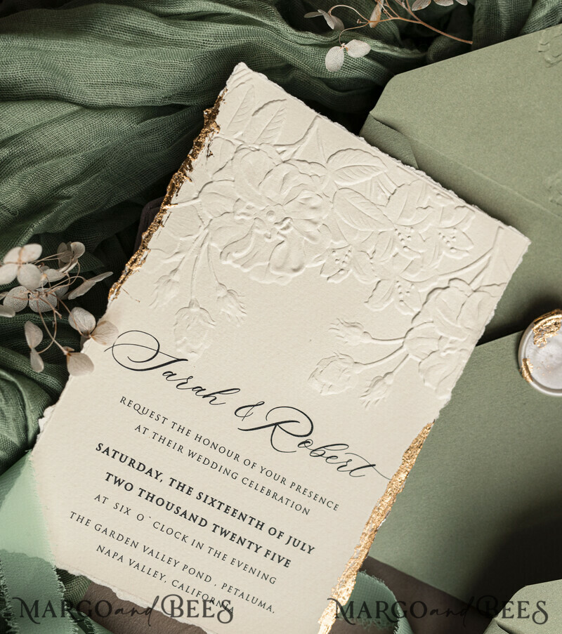 Sage green wedding. Personalized Embossed Sage Green Wedding Invitation with Gold Accent, Cotton Paper Wedding Invitation Package, Wedding Invitations with Torn Gold Edge-25