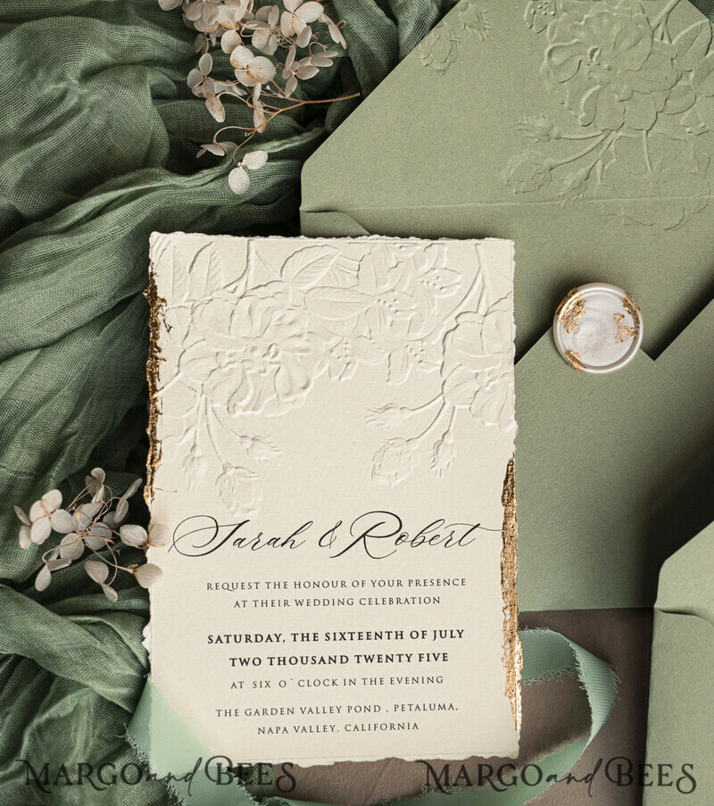 Sage green wedding. Personalized Embossed Sage Green Wedding Invitation with Gold Accent, Cotton Paper Wedding Invitation Package, Wedding Invitations with Torn Gold Edge-26