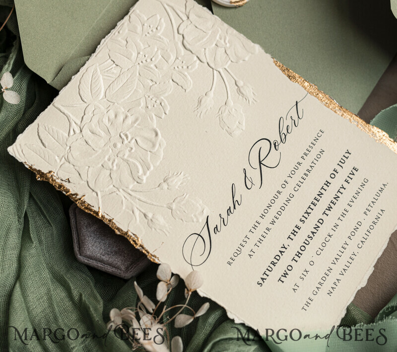 Sage green wedding. Personalized Embossed Sage Green Wedding Invitation with Gold Accent, Cotton Paper Wedding Invitation Package, Wedding Invitations with Torn Gold Edge-27