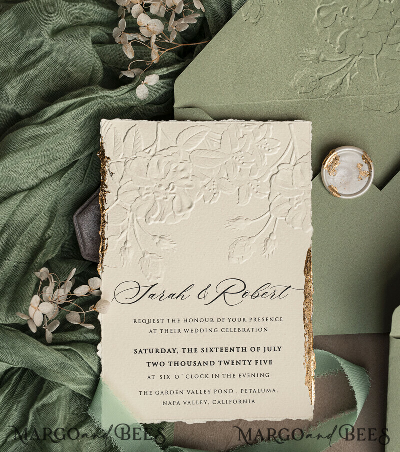 Sage green wedding. Personalized Embossed Sage Green Wedding Invitation with Gold Accent, Cotton Paper Wedding Invitation Package, Wedding Invitations with Torn Gold Edge-28