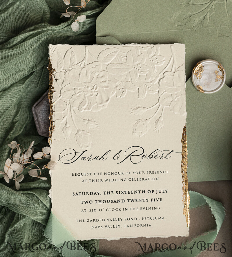 Sage green wedding. Personalized Embossed Sage Green Wedding Invitation with Gold Accent, Cotton Paper Wedding Invitation Package, Wedding Invitations with Torn Gold Edge-29