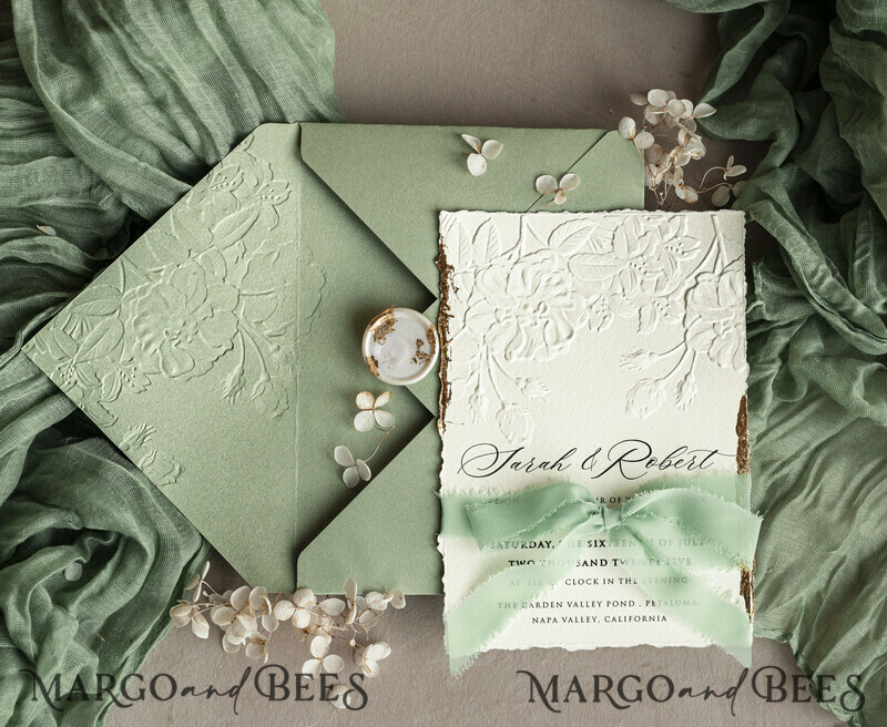 Sage green wedding. Personalized Embossed Sage Green Wedding Invitation with Gold Accent, Cotton Paper Wedding Invitation Package, Wedding Invitations with Torn Gold Edge-4