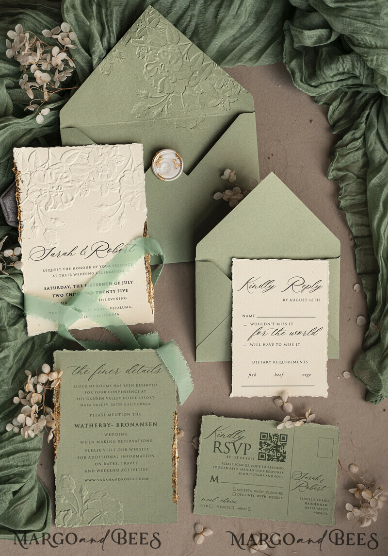 Sage green wedding. Personalized Embossed Sage Green Wedding Invitation with Gold Accent, Cotton Paper Wedding Invitation Package, Wedding Invitations with Torn Gold Edge-30