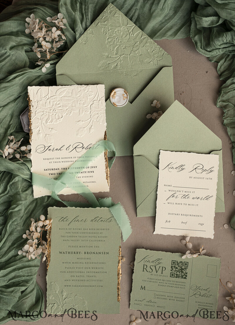 Sage green wedding. Personalized Embossed Sage Green Wedding Invitation with Gold Accent, Cotton Paper Wedding Invitation Package, Wedding Invitations with Torn Gold Edge-31