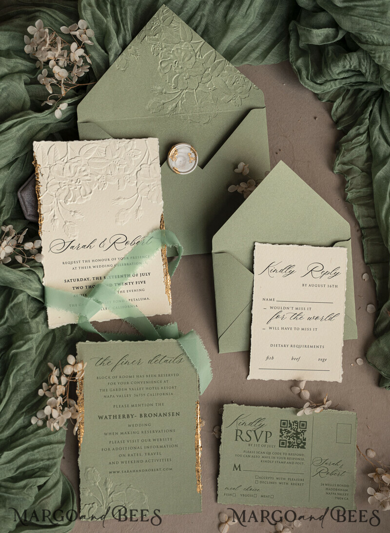Sage green wedding. Personalized Embossed Sage Green Wedding Invitation with Gold Accent, Cotton Paper Wedding Invitation Package, Wedding Invitations with Torn Gold Edge-32