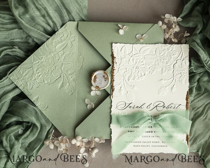 Sage green wedding. Personalized Embossed Sage Green Wedding Invitation with Gold Accent, Cotton Paper Wedding Invitation Package, Wedding Invitations with Torn Gold Edge-5