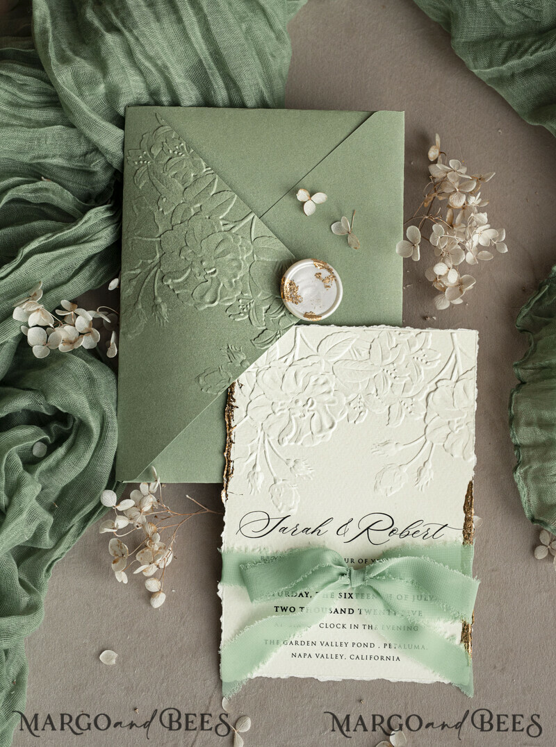Sage green wedding. Personalized Embossed Sage Green Wedding Invitation with Gold Accent, Cotton Paper Wedding Invitation Package, Wedding Invitations with Torn Gold Edge-6
