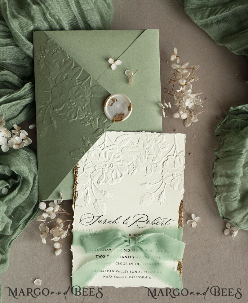 Sage green wedding. Personalized Embossed Sage Green Wedding Invitation with Gold Accent, Cotton Paper Wedding Invitation Package, Wedding Invitations with Torn Gold Edge-7