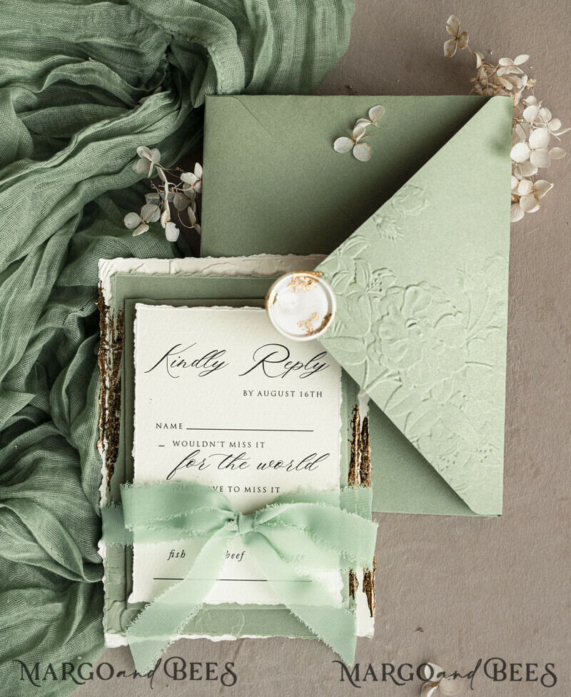 Sage green wedding. Personalized Embossed Sage Green Wedding Invitation with Gold Accent, Cotton Paper Wedding Invitation Package, Wedding Invitations with Torn Gold Edge-8