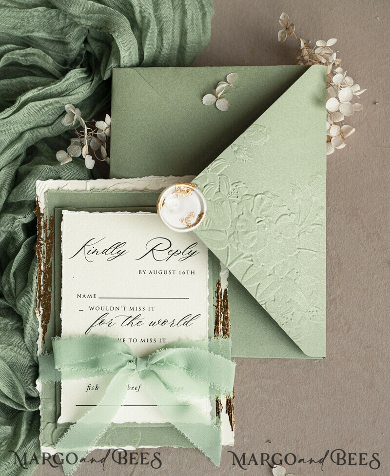 Sage green wedding. Personalized Embossed Sage Green Wedding Invitation with Gold Accent, Cotton Paper Wedding Invitation Package, Wedding Invitations with Torn Gold Edge-9
