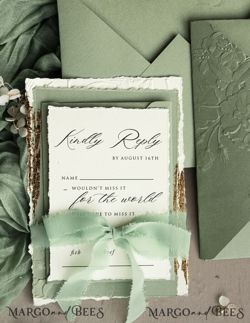 Sage green wedding. Personalized Embossed Sage Green Wedding Invitation with Gold Accent, Cotton Paper Wedding Invitation Package, Wedding Invitations with Torn Gold Edge-10