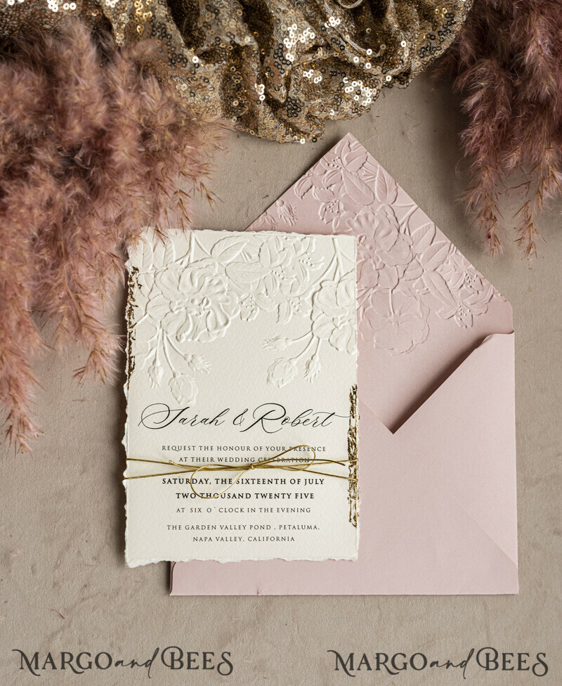 A popular design for modern brides is sophisticated wedding stationery that offers an elegant, minimalist look at a very reasonable price. The invitation has beautiful embossing and gold twine. Bespoke Embossed Blind Ivory Gold Wedding Invitation-1