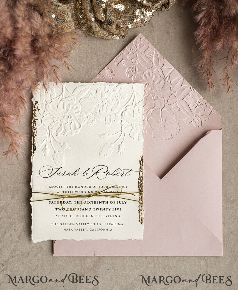 A popular design for modern brides is sophisticated wedding stationery that offers an elegant, minimalist look at a very reasonable price. The invitation has beautiful embossing and gold twine. Bespoke Embossed Blind Ivory Gold Wedding Invitation-2