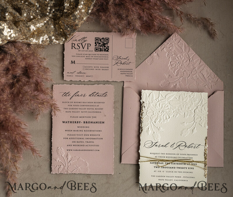 A popular design for modern brides is sophisticated wedding stationery that offers an elegant, minimalist look at a very reasonable price. The invitation has beautiful embossing and gold twine. Bespoke Embossed Blind Ivory Gold Wedding Invitation-13