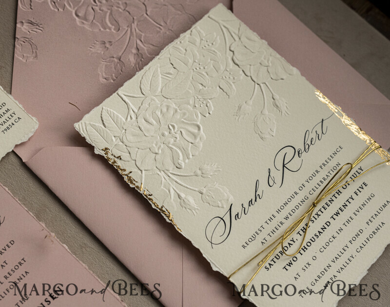 A popular design for modern brides is sophisticated wedding stationery that offers an elegant, minimalist look at a very reasonable price. The invitation has beautiful embossing and gold twine. Bespoke Embossed Blind Ivory Gold Wedding Invitation-14
