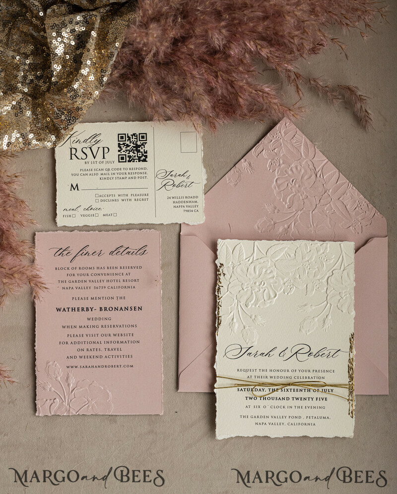 A popular design for modern brides is sophisticated wedding stationery that offers an elegant, minimalist look at a very reasonable price. The invitation has beautiful embossing and gold twine. Bespoke Embossed Blind Ivory Gold Wedding Invitation-15