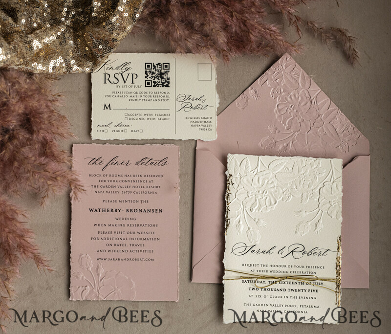 A popular design for modern brides is sophisticated wedding stationery that offers an elegant, minimalist look at a very reasonable price. The invitation has beautiful embossing and gold twine. Bespoke Embossed Blind Ivory Gold Wedding Invitation-16