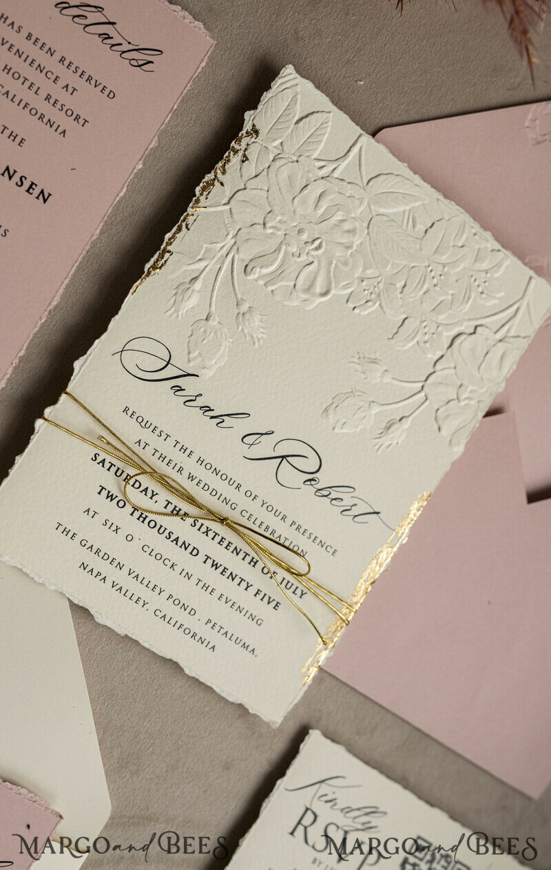 A popular design for modern brides is sophisticated wedding stationery that offers an elegant, minimalist look at a very reasonable price. The invitation has beautiful embossing and gold twine. Bespoke Embossed Blind Ivory Gold Wedding Invitation-18