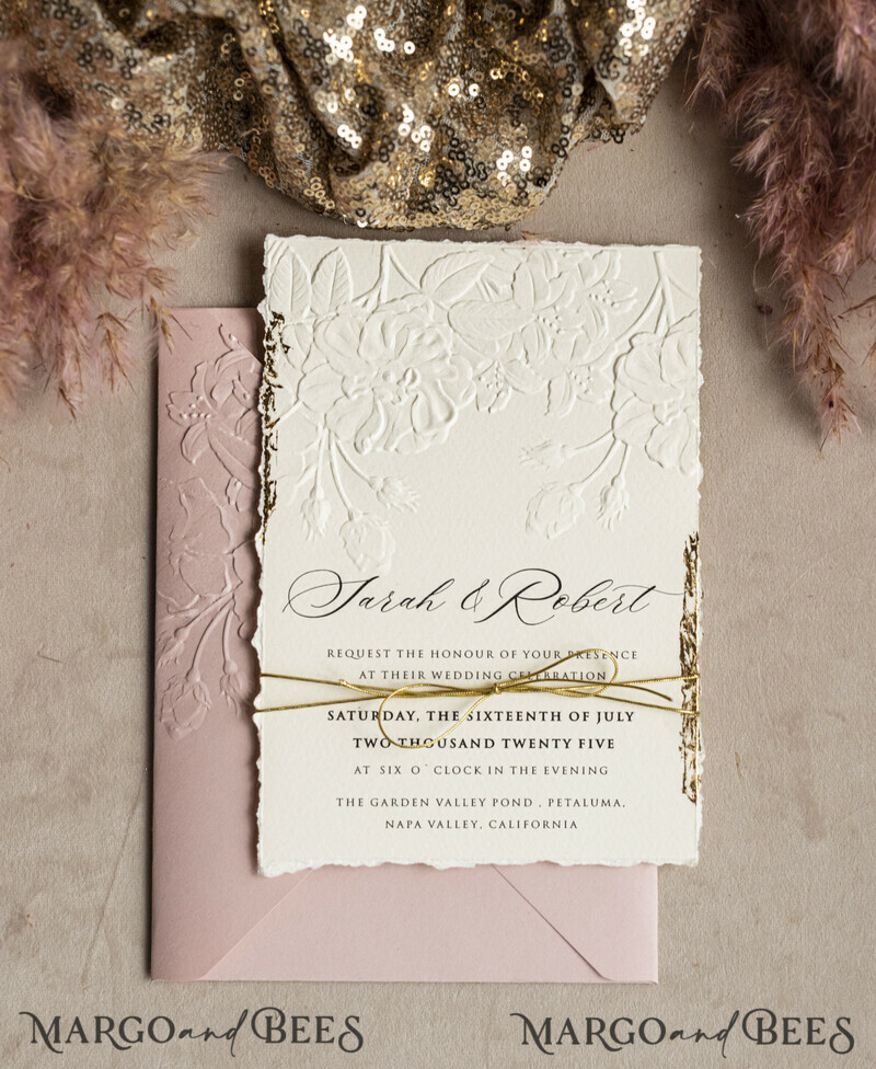 A popular design for modern brides is sophisticated wedding stationery that offers an elegant, minimalist look at a very reasonable price. The invitation has beautiful embossing and gold twine. Bespoke Embossed Blind Ivory Gold Wedding Invitation-4