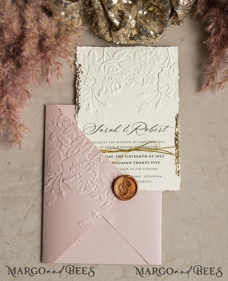 A popular design for modern brides is sophisticated wedding stationery that offers an elegant, minimalist look at a very reasonable price. The invitation has beautiful embossing and gold twine. Bespoke Embossed Blind Ivory Gold Wedding Invitation-5