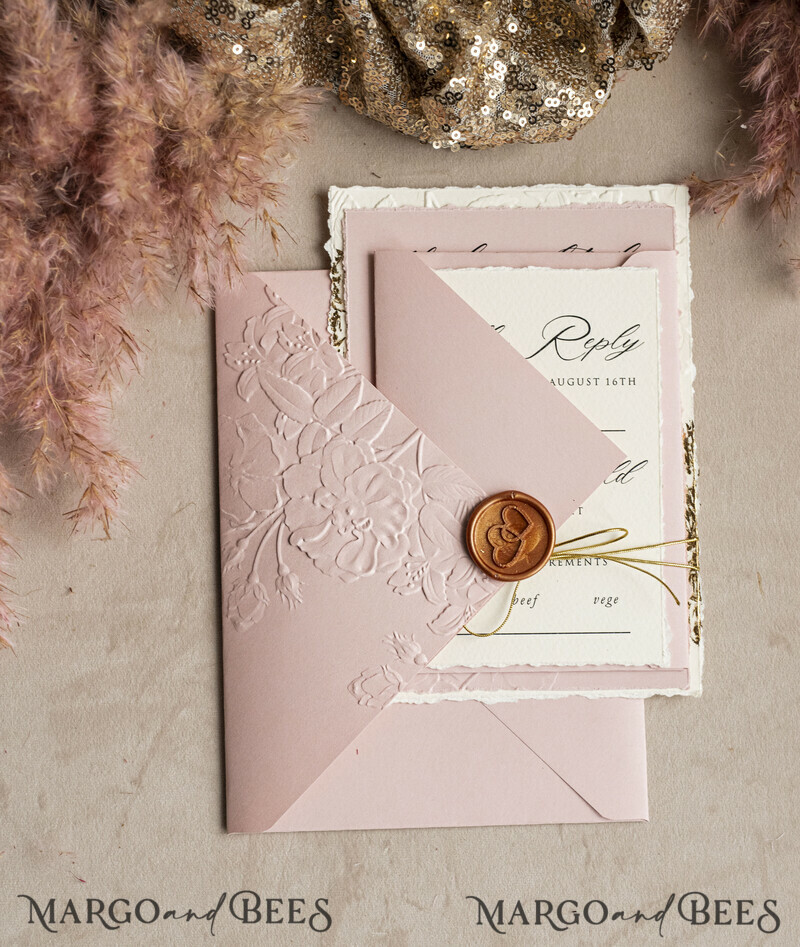 A popular design for modern brides is sophisticated wedding stationery that offers an elegant, minimalist look at a very reasonable price. The invitation has beautiful embossing and gold twine. Bespoke Embossed Blind Ivory Gold Wedding Invitation-6