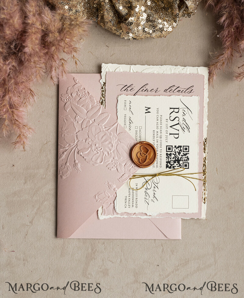 A popular design for modern brides is sophisticated wedding stationery that offers an elegant, minimalist look at a very reasonable price. The invitation has beautiful embossing and gold twine. Bespoke Embossed Blind Ivory Gold Wedding Invitation-7