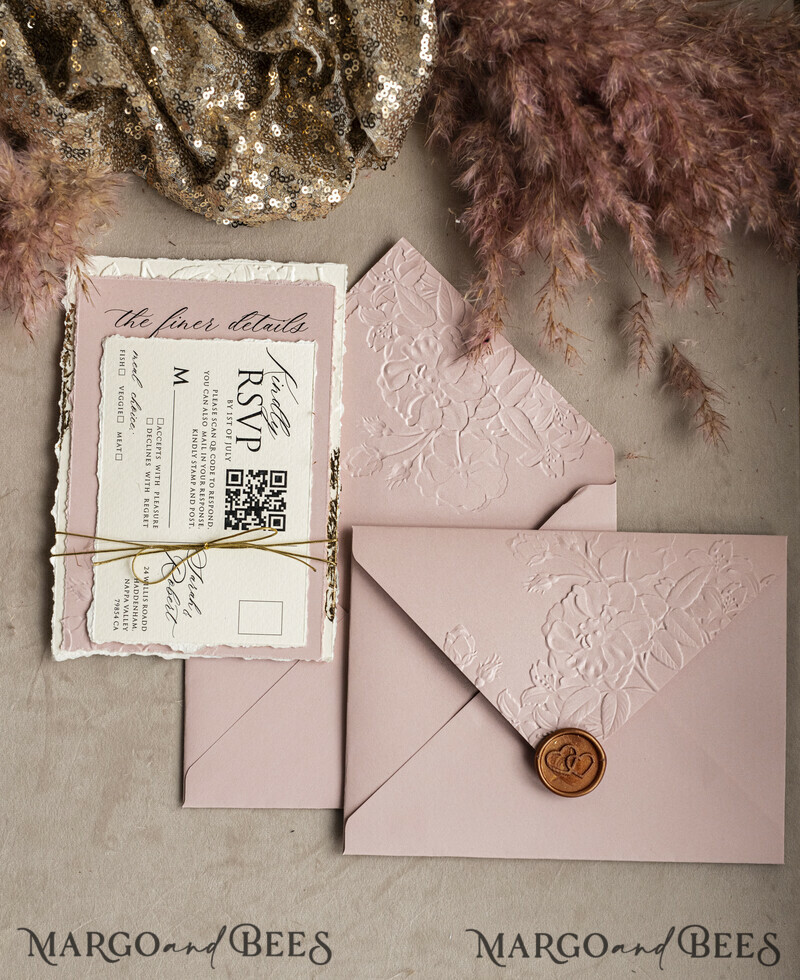 A popular design for modern brides is sophisticated wedding stationery that offers an elegant, minimalist look at a very reasonable price. The invitation has beautiful embossing and gold twine. Bespoke Embossed Blind Ivory Gold Wedding Invitation-8