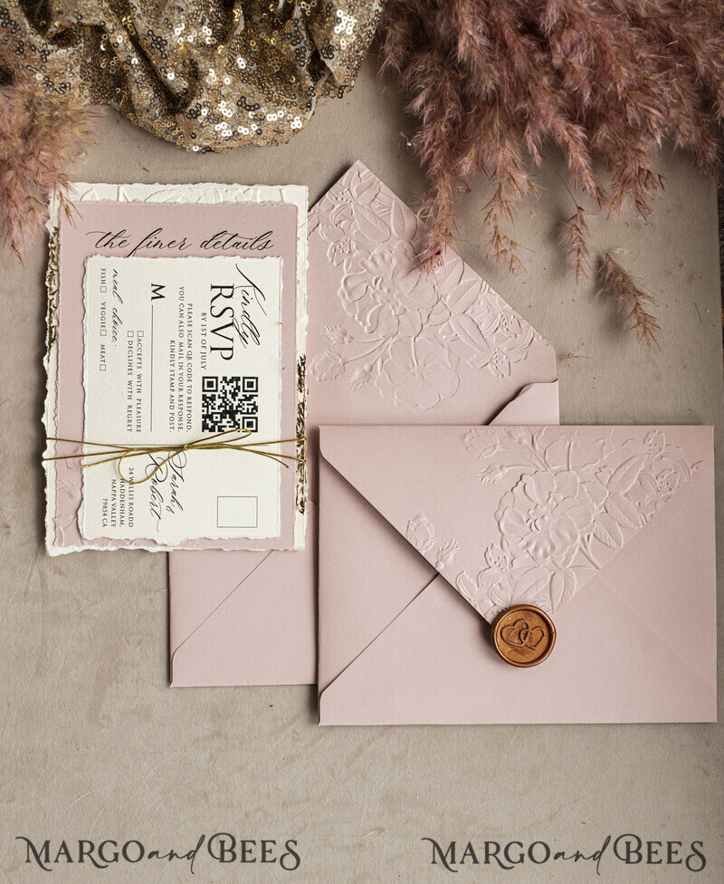 A popular design for modern brides is sophisticated wedding stationery that offers an elegant, minimalist look at a very reasonable price. The invitation has beautiful embossing and gold twine. Bespoke Embossed Blind Ivory Gold Wedding Invitation-9