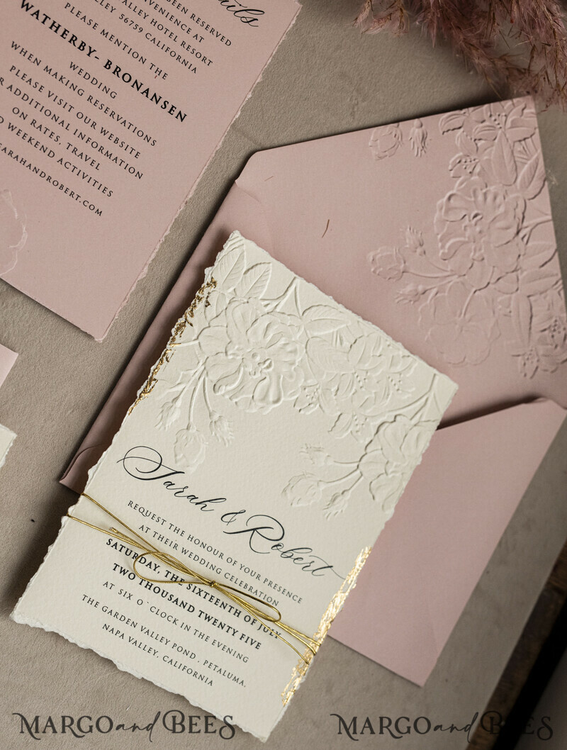 A popular design for modern brides is sophisticated wedding stationery that offers an elegant, minimalist look at a very reasonable price. The invitation has beautiful embossing and gold twine. Bespoke Embossed Blind Ivory Gold Wedding Invitation-10