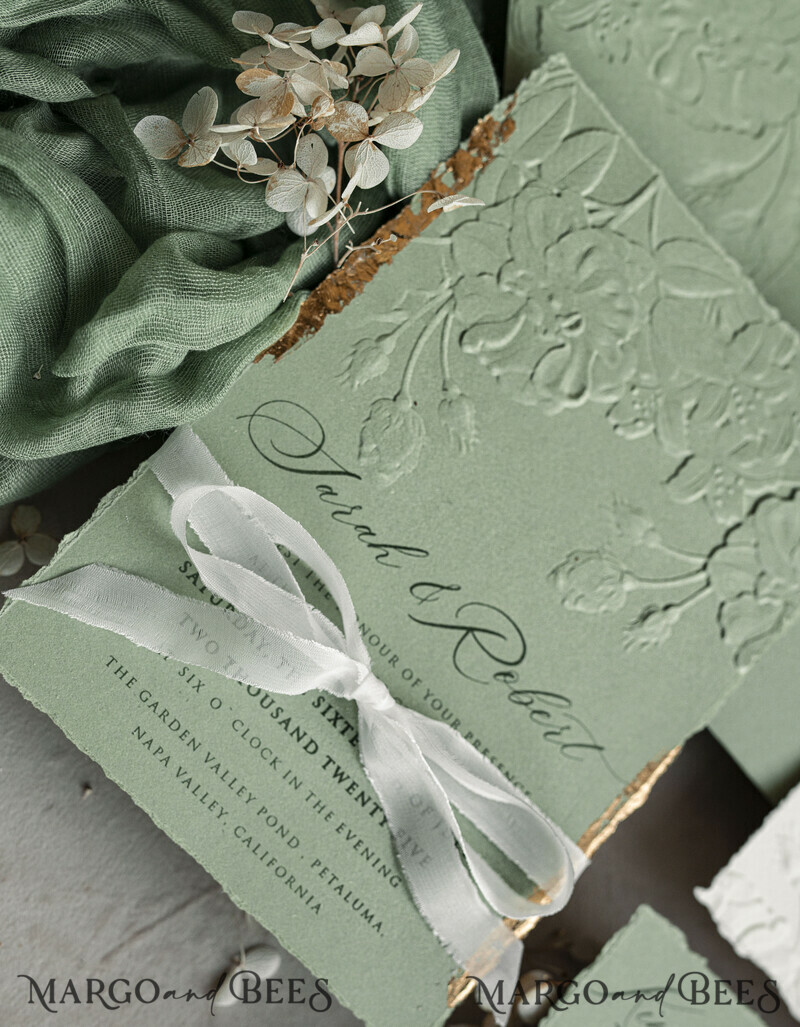 Sage green Wedding? Personalized Embossed Blind Sage green Gold Wedding Invitation, it is great choice! Golden greenery deboss Roses Floral Wedding Invitation-1