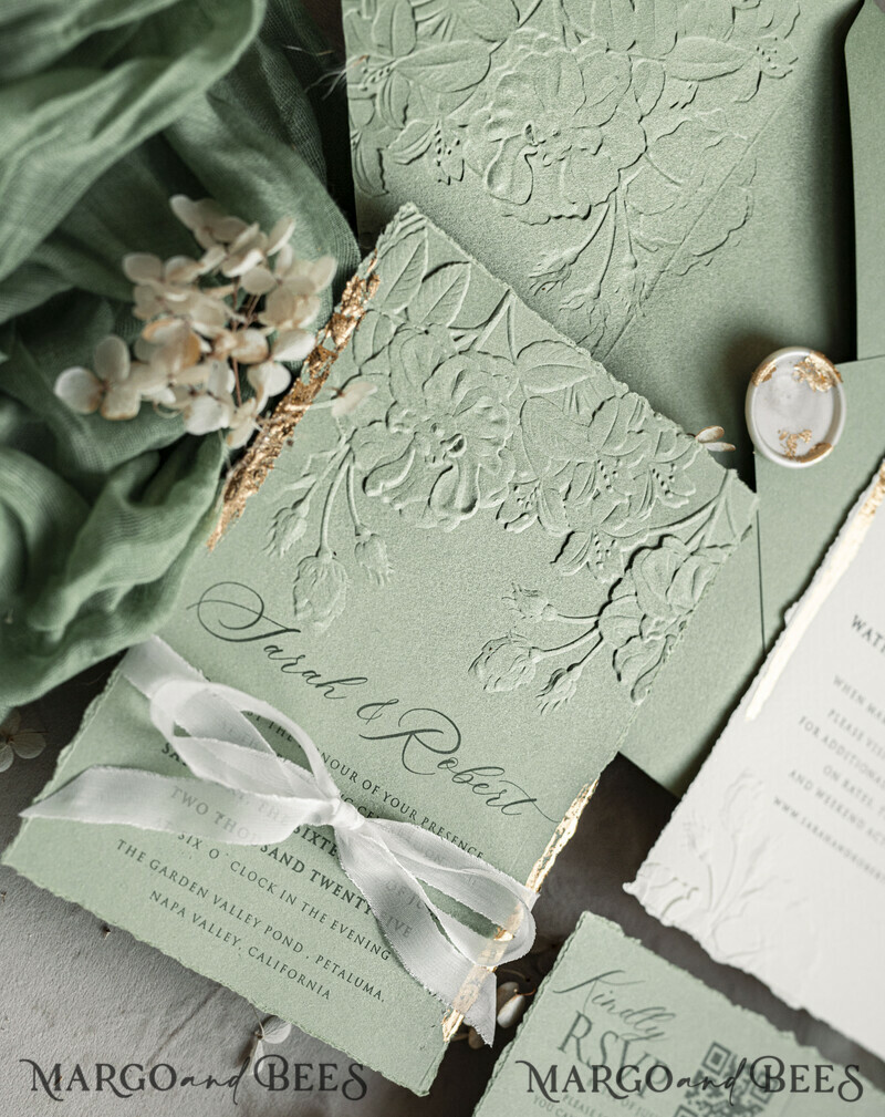 Sage green Wedding? Personalized Embossed Blind Sage green Gold Wedding Invitation, it is great choice! Golden greenery deboss Roses Floral Wedding Invitation-2