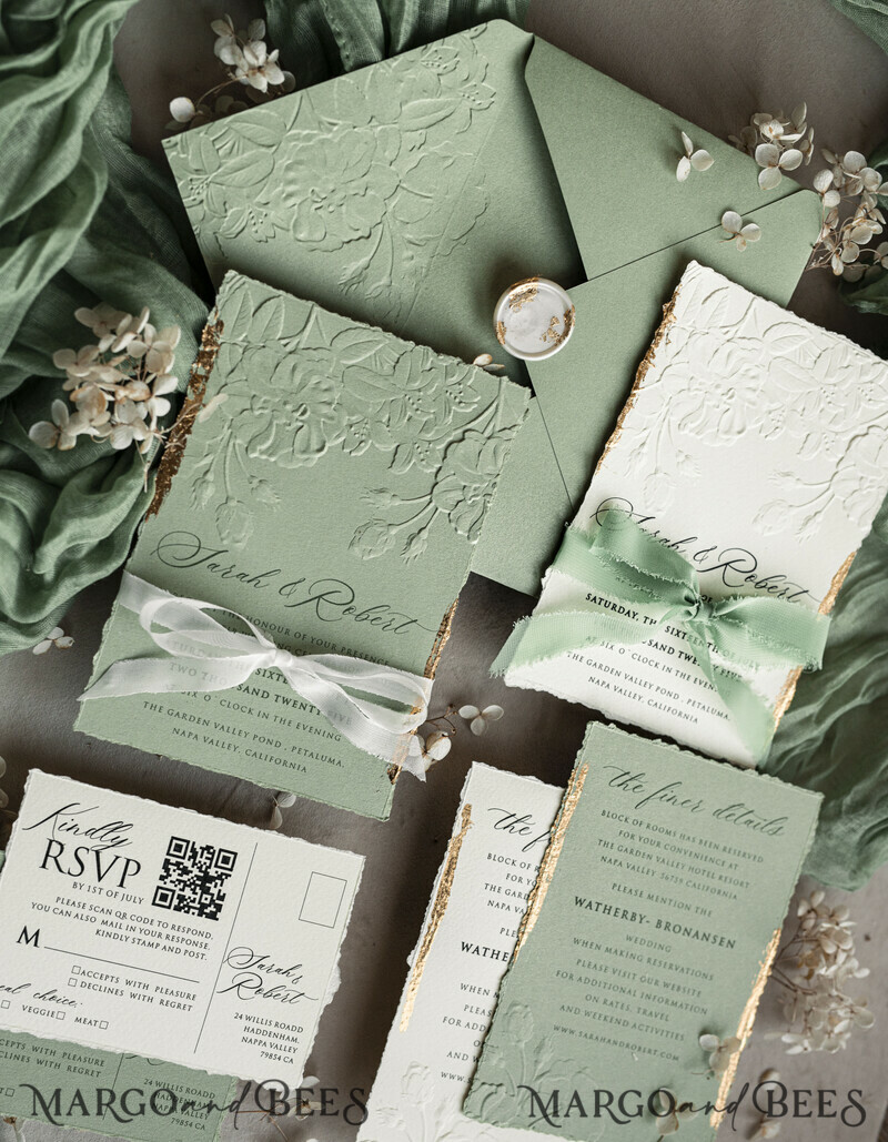 Sage green Wedding? Personalized Embossed Blind Sage green Gold Wedding Invitation, it is great choice! Golden greenery deboss Roses Floral Wedding Invitation-10