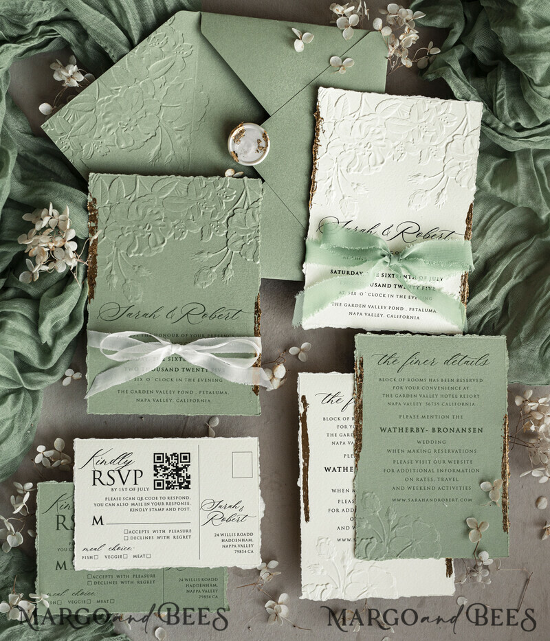 Sage green Wedding? Personalized Embossed Blind Sage green Gold Wedding Invitation, it is great choice! Golden greenery deboss Roses Floral Wedding Invitation-11