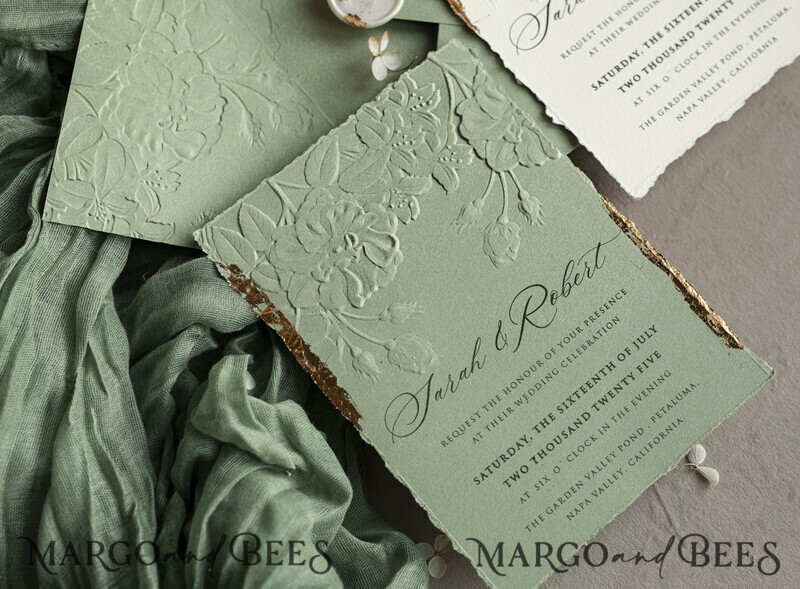 Sage green Wedding? Personalized Embossed Blind Sage green Gold Wedding Invitation, it is great choice! Golden greenery deboss Roses Floral Wedding Invitation-12