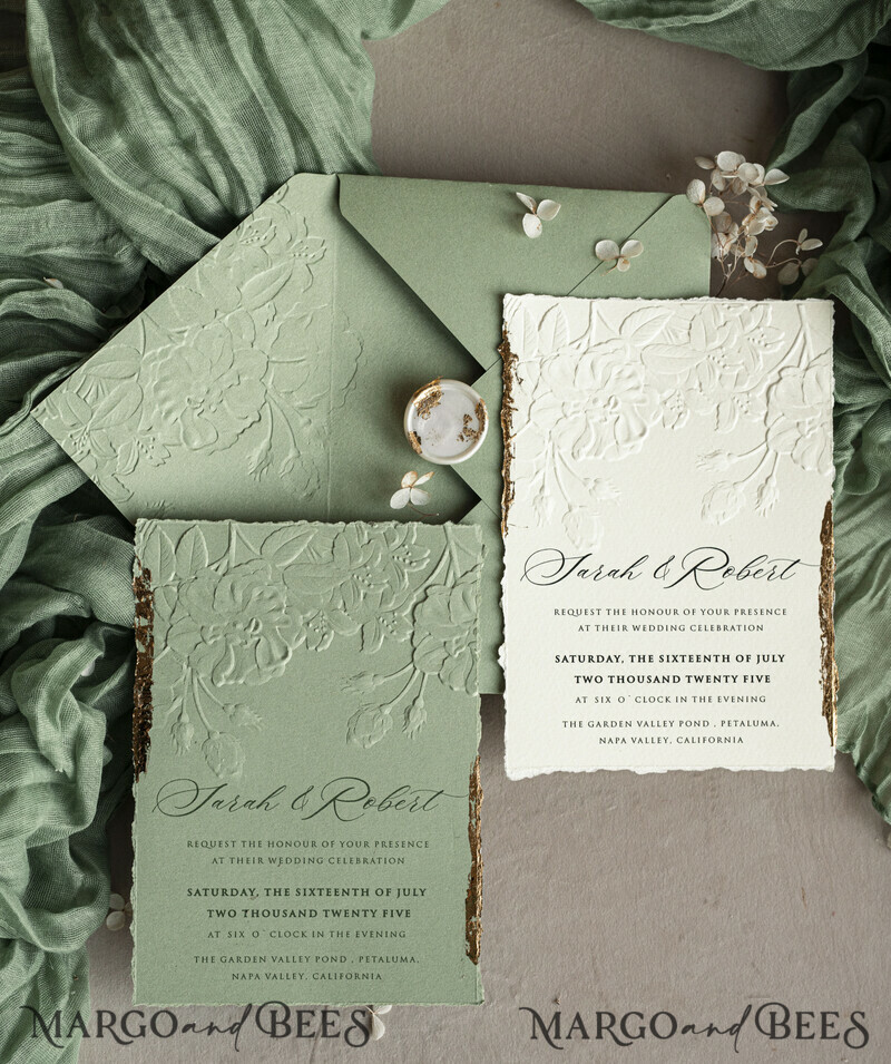 Sage green Wedding? Personalized Embossed Blind Sage green Gold Wedding Invitation, it is great choice! Golden greenery deboss Roses Floral Wedding Invitation-13