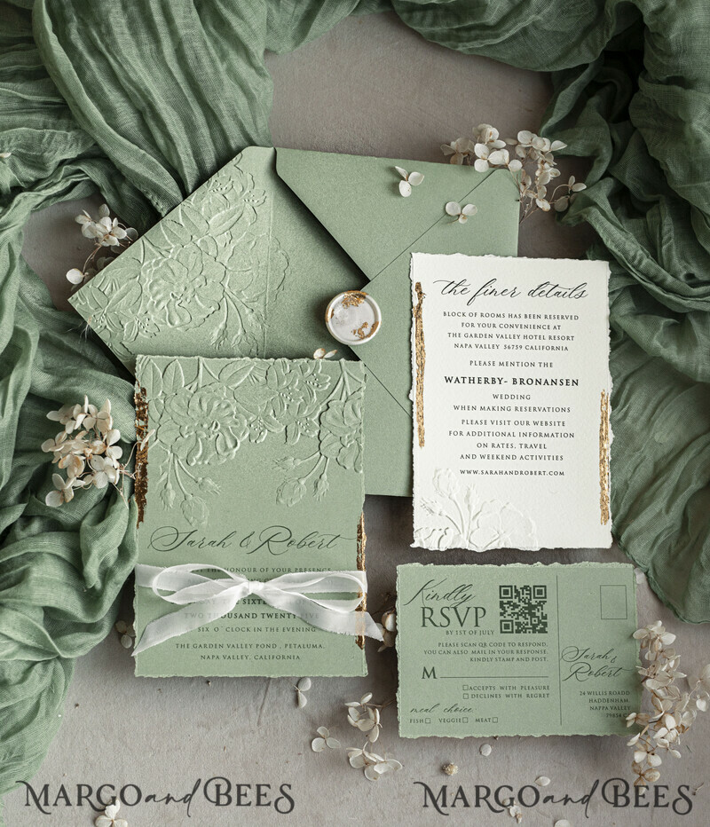 Sage green Wedding? Personalized Embossed Blind Sage green Gold Wedding Invitation, it is great choice! Golden greenery deboss Roses Floral Wedding Invitation-0