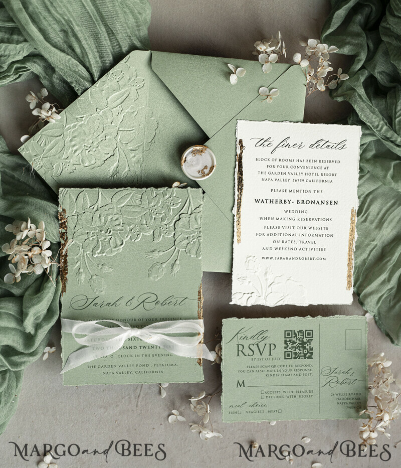 Sage green Wedding? Personalized Embossed Blind Sage green Gold Wedding Invitation, it is great choice! Golden greenery deboss Roses Floral Wedding Invitation-3