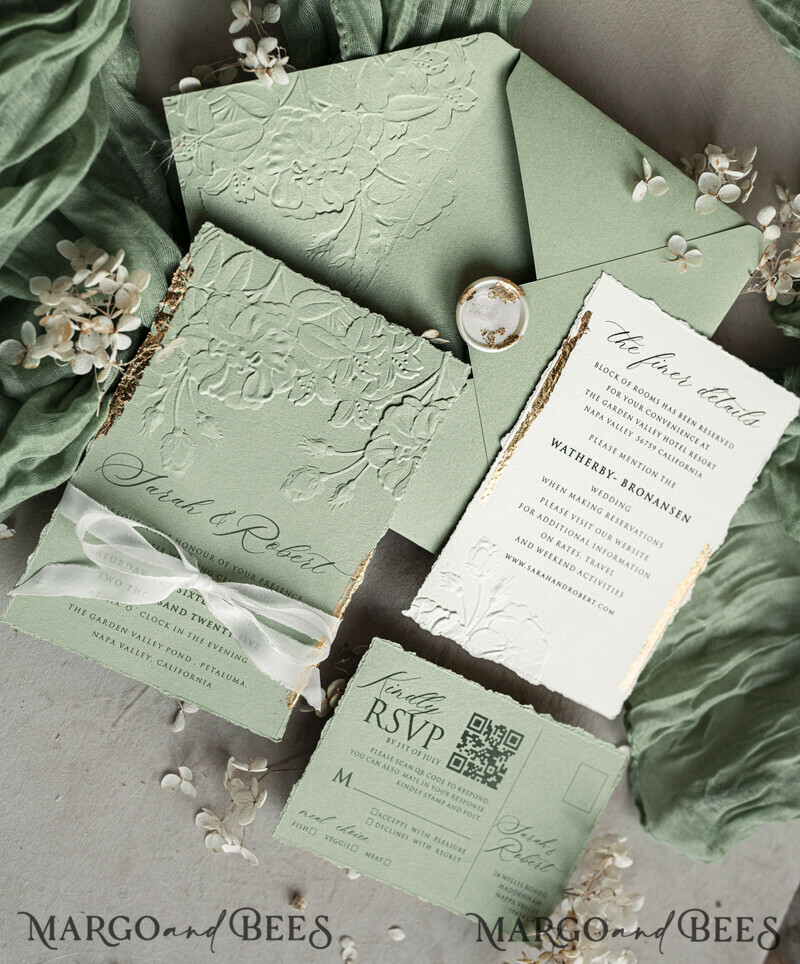 Sage green Wedding? Personalized Embossed Blind Sage green Gold Wedding Invitation, it is great choice! Golden greenery deboss Roses Floral Wedding Invitation-4