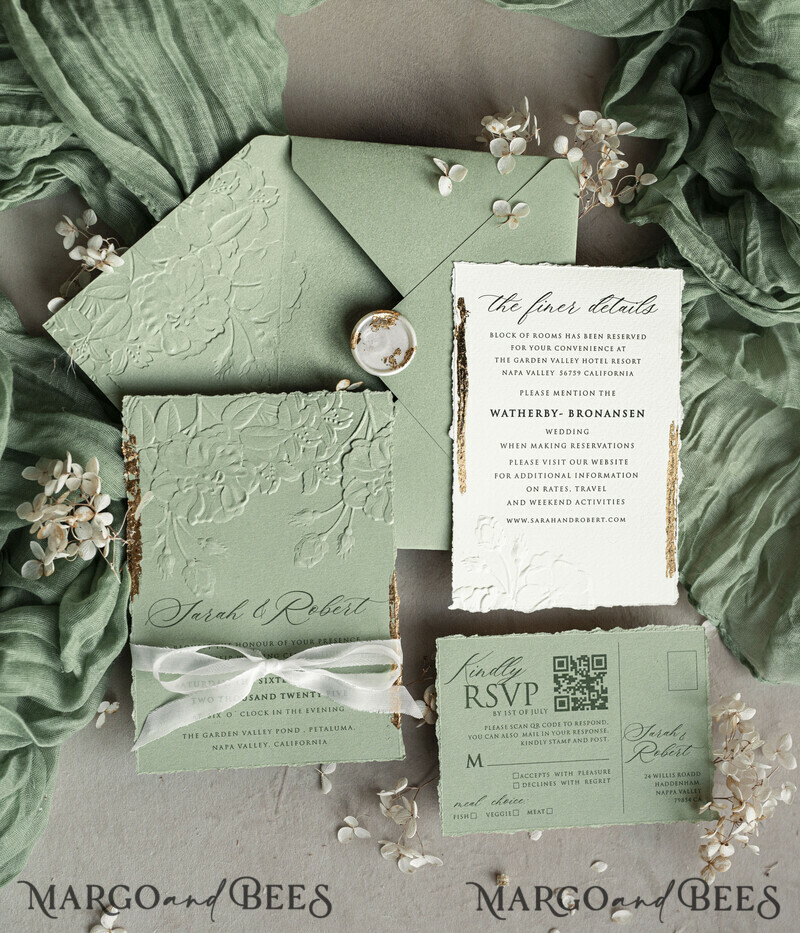 Sage green Wedding? Personalized Embossed Blind Sage green Gold Wedding Invitation, it is great choice! Golden greenery deboss Roses Floral Wedding Invitation-5
